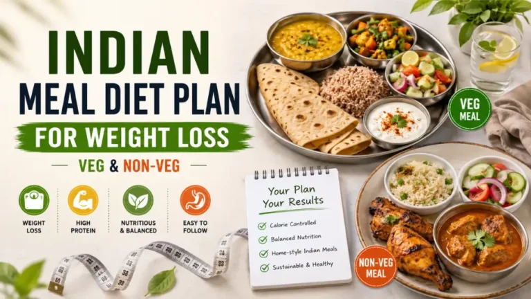 Indian meal diet plan for weight loss featuring healthy veg and non-veg Indian foods, including roti, dal, rice, salad, and grilled chicken.