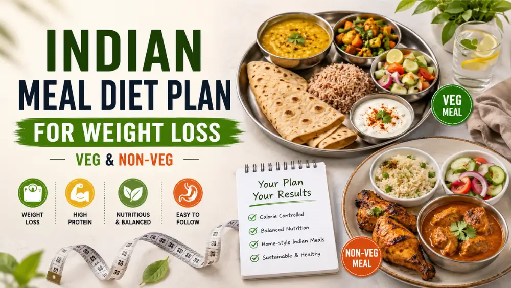 Indian meal diet plan for weight loss featuring healthy veg and non-veg Indian foods, including roti, dal, rice, salad, and grilled chicken.