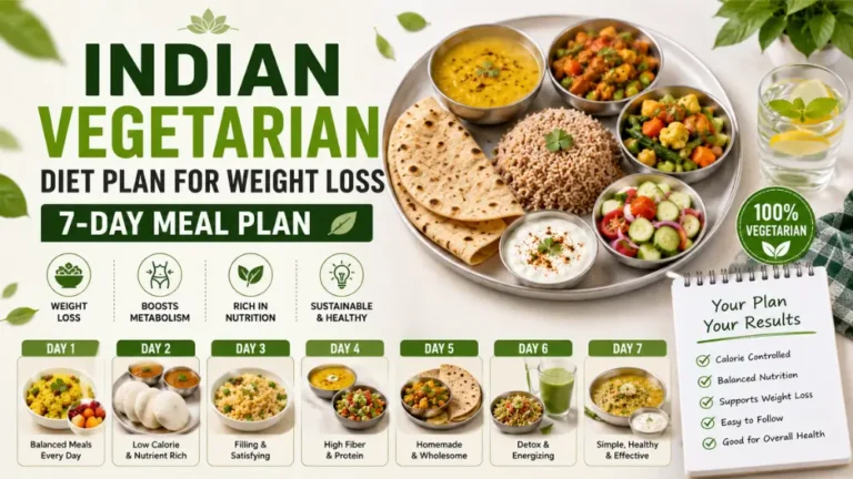7-day Indian vegetarian diet plan for weight loss featuring healthy meals with roti, dal, brown rice, vegetables, salad, and yogurt.